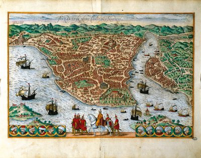 Itálie, Milán, Perspektivní pohled na město Constantinpole od Georga Brauna (1541-1622) a Franze Hogenberga (1535-1590), barevná rytina od Georg Braun and Hogenberg Franz