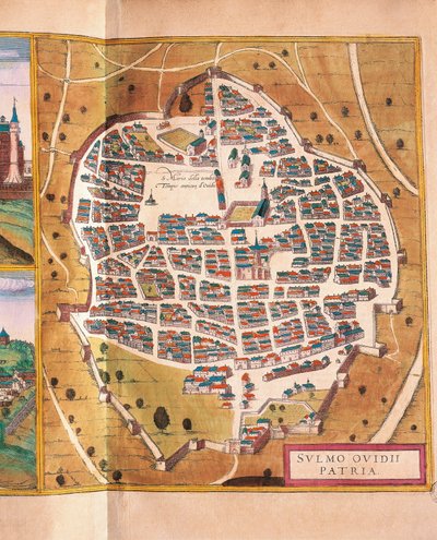 Itálie, Sulmona, město Sulmona z Civitates Orbis Terrarum od Georga Brauna a Franze Hogenberga, rytina od Georg Braun and Hogenberg Franz