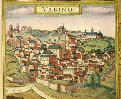 Itálie, Urbino, Pohled na město, barevná rytina z Civitates Orbis Terrarum od Georga Brauna (1541-1622) a Franze Hogenberga (1535-1590) od Georg Braun and Hogenberg Franz