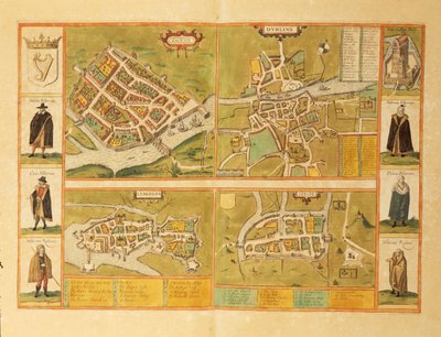Mapa Galway, Dublinu, Limericku a Corku z Civitates Orbis Terrarum od Georga Brauna od Georg Braun and Hogenberg Franz