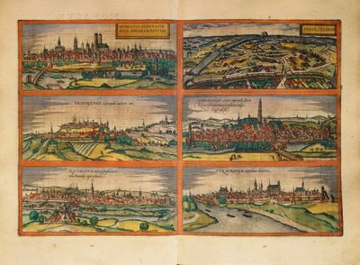 Mapa Mnichova, Ingolstadtu, Freisingu, Nordlingenu, Regensburgu a Straubingu, Německo, z Civitates Orbis Terrarum od Georga Brauna od Georg Braun and Hogenberg Franz