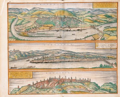 Mapa Trier, Koblenz a Rothenburg ob der Tauber z Civitates Orbis Terrarum od Georga Brauna od Georg Braun and Hogenberg Franz