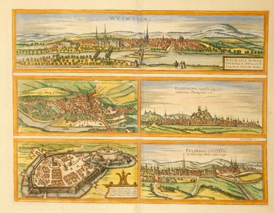 Mapa Výmaru, Jeny, Erfurtu, Gothy a Fuldy z druhé světové války od Georga Brauna od Georg Braun and Hogenberg Franz