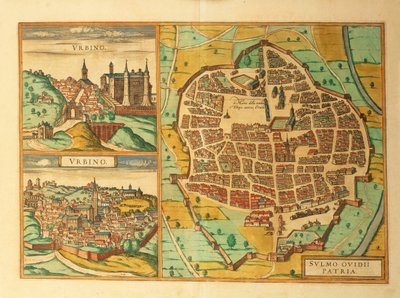 Mapa Urbina a Sulmony, Itálie, z Civitates Orbis Terrarum od Georga Brauna od Georg Braun and Hogenberg Franz
