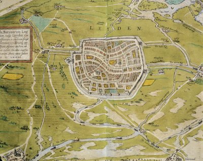 Nizozemsko, Mapa města a regionu Leiden z Civitates Orbis Terrarum od Georga Brauna (1541-1622) a Franze Hogenberga (1540-1590), Kolín nad Rýnem, rytina od Georg Braun and Hogenberg Franz