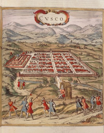 Peru, město Cuzco, rytina Georga Brauna od Georg Braun and Hogenberg Franz