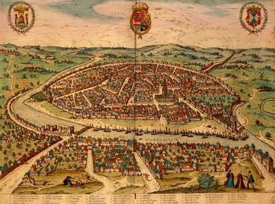 Španělsko, Sevilla, Pohled na město, barevná rytina z Civitates Orbis Terrarum od Georga Brauna (1541-1622) a Franze Hogenberga (1535-1590) od Georg Braun and Hogenberg Franz