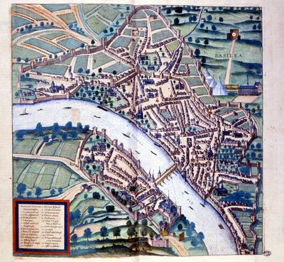 Basilej (Švýcarsko), pohled z ptačí perspektivy - v ""Atlas"" od Braun & Hogenberg od Georg Braun and Hogenberg Franz