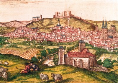 Město Burgos ve Španělsku s pastýři a stádem ovcí v popředí (1576). Gravírování v Civitatis Orbis Terrarum, od Georg Braun and Hogenberg Franz