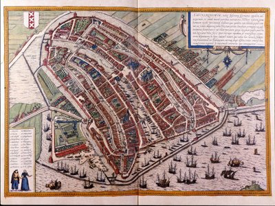 Mapa Amsterdamu. Atlas Braun a Hogenberg. Amsterdam 1588 od Georg Braun and Hogenberg Franz