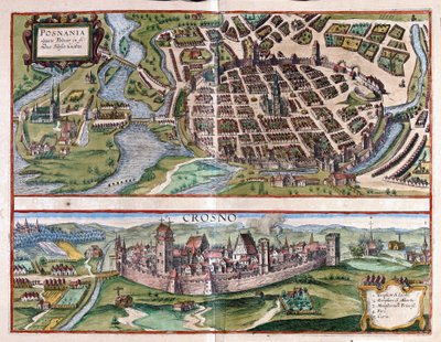 Poznaň a Krosno, Polsko (rytina od Georg Braun and Hogenberg Franz