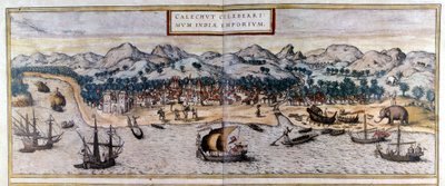 Pohled na Kozhikode nebo Calicut v Indii z atlasu "Civitates Orbis Terrarum" od Braun & Hogenberg od Georg Braun and Hogenberg Franz
