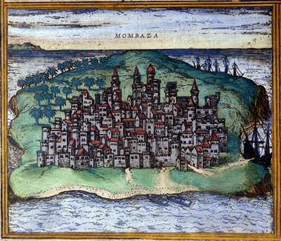 Pohled na Mombasu nebo Mombassu v Keni v 16. století, kdy město obsadili Portugalci podle atlasu "Civitates Orbis Terrarum" od Brauna a Hogenberga. od Georg Braun and Hogenberg Franz