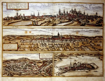 Pohled na německá města Norimberk a Ulm, Salzburg, Rakousko. Rytina z Atlasu „Braun a Hogenberg“ 1572 od Georg Braun and Hogenberg Franz