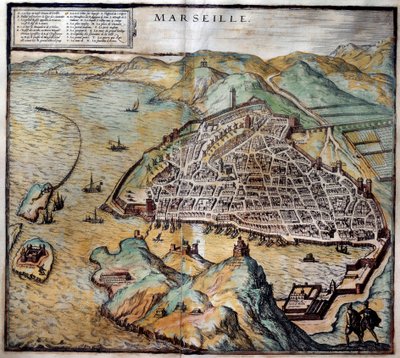 Pohled na město Marseille s mapou ulic. Rytina z Atlasu de Braun a Hogenberg 1572 Marseille, Musee de la Marine od Georg Braun and Hogenberg Franz