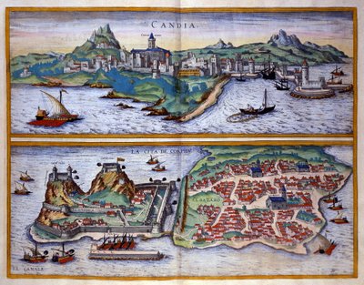 Pohled na přístav Candie (dnešní Heraklion) na Krétě a přístav Korfu v Řecku Rytina George Brauna V „“Civitatis Orbis Terrarum“““ I. díl napsal Franz Hogenberg (1535-1590) od Georg Braun and Hogenberg Franz