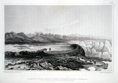 Spouštění člunů přes útes naproti Mount Conybeare, z „Příběhu o cestě k pobřeží Polárního moře v letech 1819-22“ od Sira Johna Franklina (1786-1847), vyryto Edwardem Findenem (1791-1857), publikováno 1823 -28 (barevné gravírování) od George (after) Back
