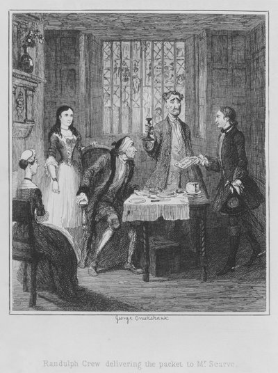Randulph Crew doručující balíček panu Scarveovi (rytina) od George (after) Cruikshank