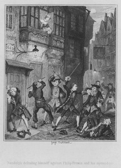 Randulph se brání proti Philipu Frewinovi a jeho myrmidonům (rytina) od George (after) Cruikshank