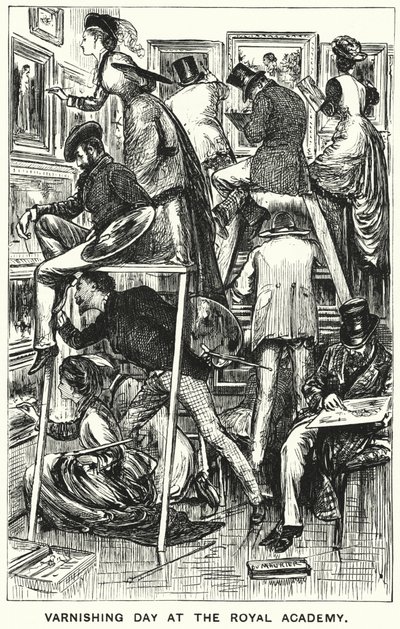 Punch cartoon: Lakovací den v Královské akademii (rytina) od George (after) Du Maurier