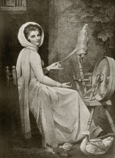 Lady Hamilton jako The Spinster, vyrytý Thomasem Cheesmanem, z „The Print-Collector