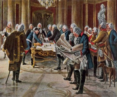 Fridrich Veliký na válečné poradě se svými generály, srpen 1756 (barevná litografie) od George (after) Schobel