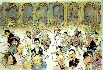 Famous Faces Outside Florians in Piazza San Marco, Venice, c.1990 (kvaš na sololitu s inkoustem na acetátovém překrytí) od George Adamson