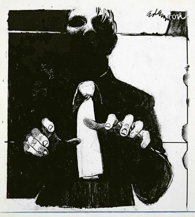 Ilustrace pro ošetřování slepého pacienta článek v Nursing Times, publikovaný 30. října 1975 (inkoust na acetátu) od George Adamson