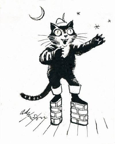 Puss in (platforma s cihlovou stěnou) boty (inkoust na průhledné fólii přes bílou kartu) od George Adamson