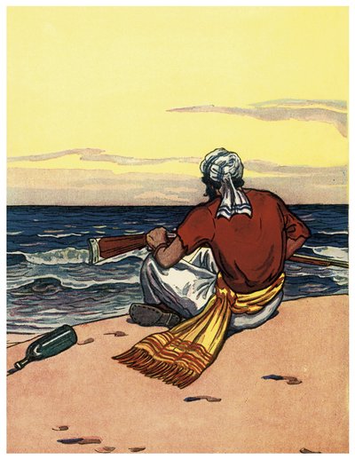 Pirát opuštěný na opuštěném ostrově se dívá na linii horizontu Ilustrace z „The Boys Books of Pirates““ od George Alberta Williamse (1875-1932) 1914 od George Alfred Williams
