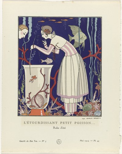 Gazette du Bon Ton, 1914 – č. 5, Pl. 44: Ohromující rybička (...) / Letní šaty (název na objektu) od George Barbier