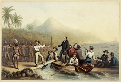 Přijetí reverenda J. Williamse v Tanně v jižních mořích, den předtím, než byl zmasakrován od George Baxter