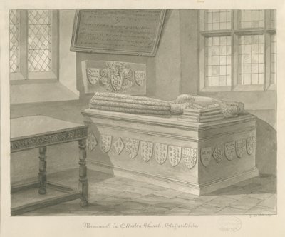 Ellastone Church - Památník sira Johna Fleetwooda: sépiová kresba, 1841 od George Buckler