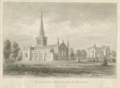 Hilderstone Church: sépiová kresba, 1841 od George Buckler
