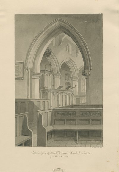 Lichfield - interiér kostela sv. Michala: sépiová kresba od George Buckler
