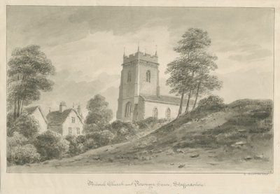 Milwich Church and Farsonage House: sépiová lavírovaná kresba od George Buckler