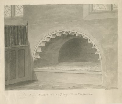 Penkridge Church - Monument in South Wall: sépiová kresba, 1841 od George Buckler