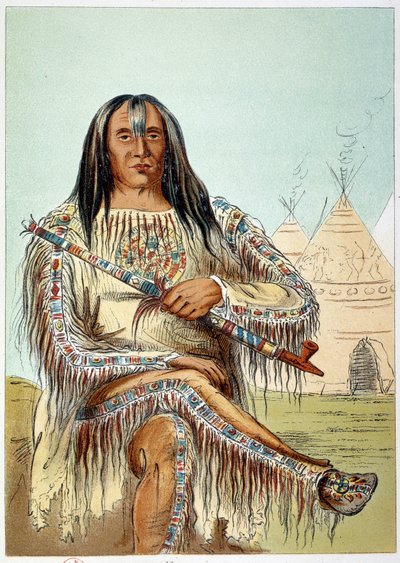 Američtí Indiáni: Portrét vůdce kmene černonožců (černé nohy) ve věku kolem 50 let. Ilustrace George Catlin (1794-1872) od George Catlin