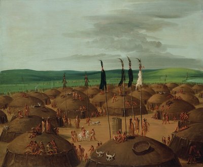 Pohled z ptačí perspektivy na vesnici Mandan, 1800 mil nad St. Louis od George Catlin