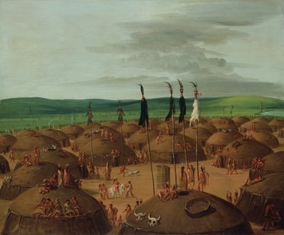 Pohled z ptačí perspektivy na vesnici Mandan, 1800 mil nad St. Louis, 1837-1839. od George Catlin