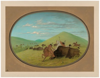 Buffalo Chase - Býci chránící telata od George Catlin