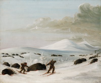 Buffalo Chase v závějích, Indiáni pronásledují na sněžnicích, 1832-1833. od George Catlin