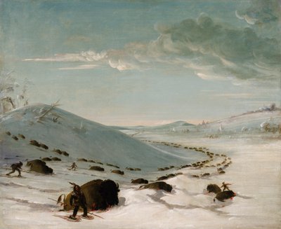 Buffalo Chase in Winter, Indiáni na sněžnicích, 1832-1833. od George Catlin