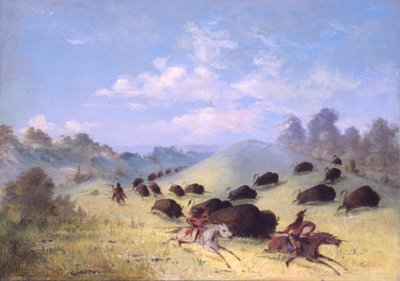 Indiáni Komančů pronásledující bizony s oštěpy a luky od George Catlin