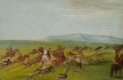 Komančové stěhují tábor, na cestě je boj se psy od George Catlin
