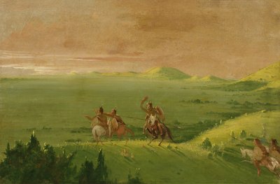 Komančská válečná strana, náčelník objevování nepřítele a naléhání na své muže při východu slunce, 1834-1835. od George Catlin