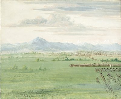 Komančští bojovníci s bílou vlajkou přijímají dragouny od George Catlin