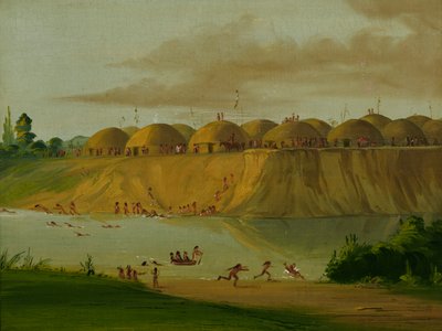 Vesnice Hidatsa, domky pokryté Zemí, na řece Knife, 1810 mil nad St. Louis, 1832. od George Catlin