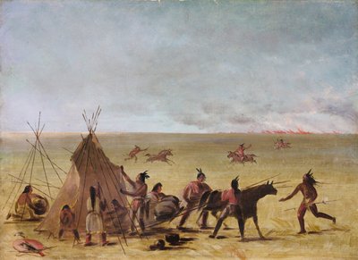 Indiánská rodina znepokojená blížícím se požárem prérie od George Catlin