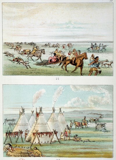 Indiáni Ameriky: (nahoře) kmen pohybující se s kůžemi na prodej. (Spodní) kmen 500 až 600 tipi. Ilustrace George Catlin (1794-1872) od George Catlin
